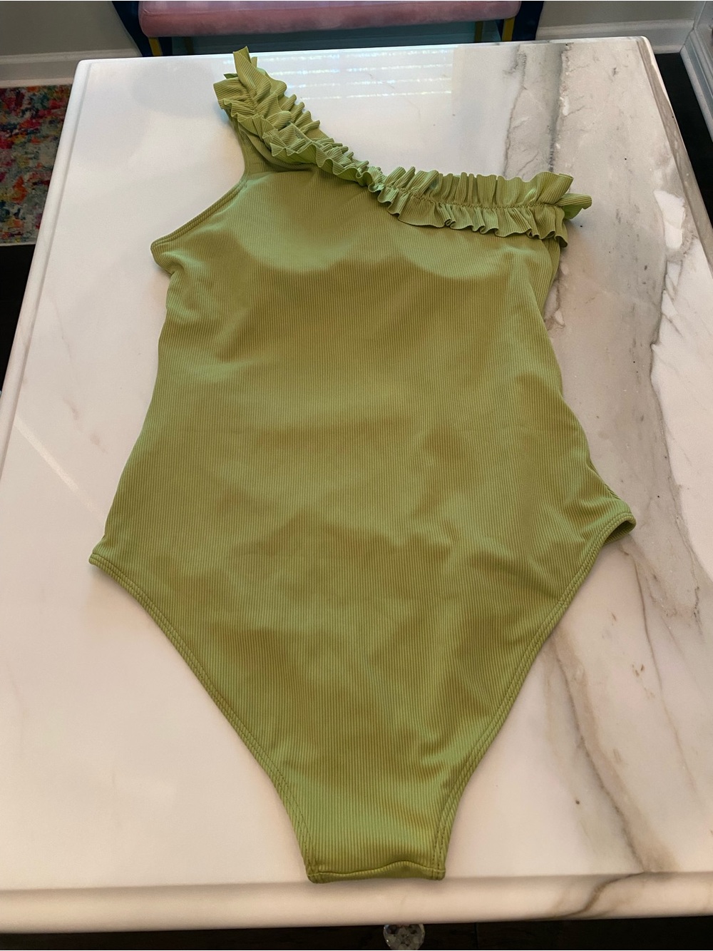 One-Shoulder Ruffle Green One-Piece Swimsuit - Picture 2 of 4